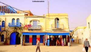 The view of a street in the old souk of Houmt Souk on the island of Djerba, Tunisia.