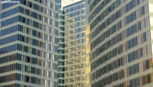 The cluster of blue glass high rise buildings at Square Gardens, Manchester.