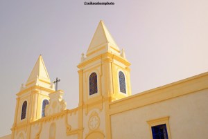 The lemon-coloured Catholic church situated in the town on Houmt Souk, Tunisia.