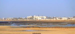 A line of whitewashed hotel buildings gleam in the distance next to a muddy lagoon on Tunisia's Djerba island.