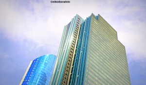 Shimmering blue high rises in the centre of Kazakhstan's capital Astana.