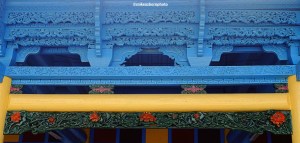 The intricate wooden decoration of the Dungan Mosque in the Kyrgyz city of Karakol.