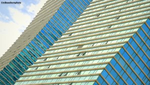 Gently curved blue residential skyscrapers in the city centre of Astana.