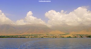 The mountainous shores of Lake Issyk-Kul in Kyrgyzstan.
