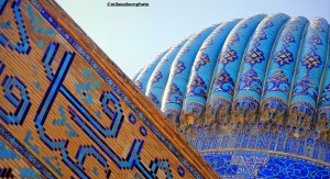 The blue done of the Khoja Ahmed Yasawi mausoleum in the Kazakh city of Turkistan.