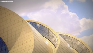 A modern curved building in the centre of the Kazakh city of Turkistan.