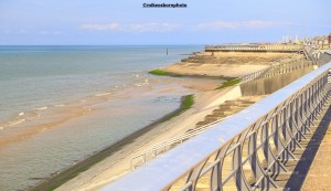 A mass of concrete and steel coastal defences at Thornton Cleveleys in Lancashire.
