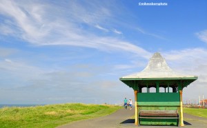 A seaside shelter on the coastal path between Blackpool and Cleveleys in Lancashire.