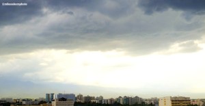 Storm clouds gathering over buildings in Kazakhstan's biggest city, Almaty.