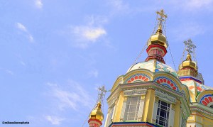 The colourful domed rooftops of Almaty's main Orthodox Cathedral in Kazakhstan,