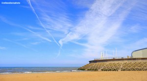 Brutalist coastal defences next to the beach at Blackpool's South Shore area.