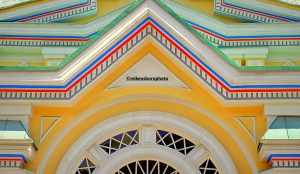 The pretty pastel colours of Almaty's central Orthodox Cathedral in Kazakhstan.