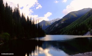 An early evening view across the Kolsay Lake in Kazakhstan.