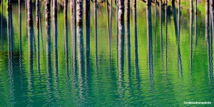 Reflections of submerged pine trees in the magical Kaindy Lake in Kazakhstan.