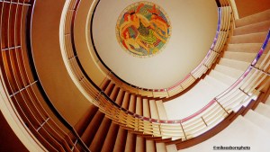 An upwards view of the circular Art Deco staircase in Morecambe's Midland Hotel.