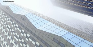 Towers of the New Jackson development in Manchester captured in thick fog.