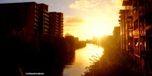 The buildings on either side of the Manchester Ship Canal catching the warm rays of a November afternoon.