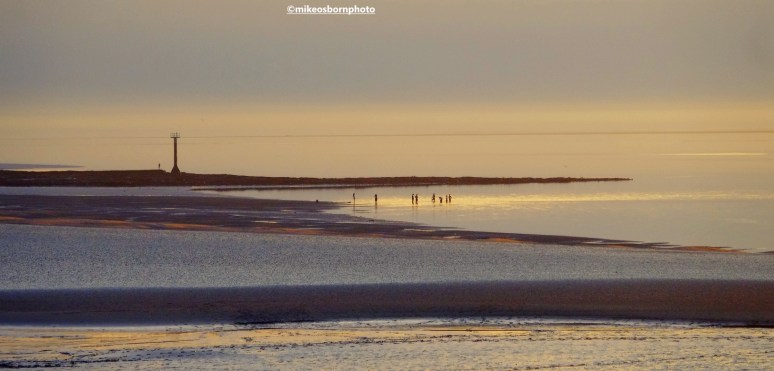 A group paddling in the water seen on Morecambe South Beach in the last light of day.