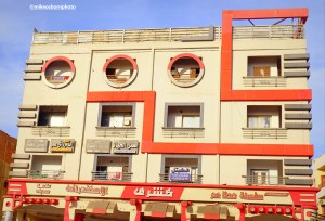 A boldly designed apartment block in a neighbourhood of Hurghada, Egypt.