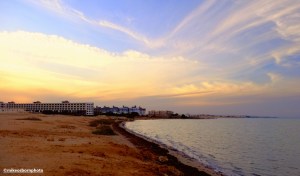 An empty beach alongside built-up areas of the Red Sea coastline near Hurghada, Egypt.