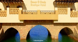 The Dawar El Omda hotel on a bridge over a lagoon in El Gouna, Egypt.