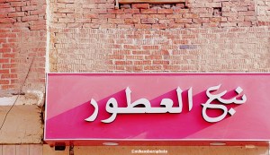 A blushed pink shop sign in a neighbourhood of Hurghada in Egypt.