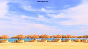 Sunbathing shelters next to a beach in the Red Sea resort of El Gouna, Egypt.